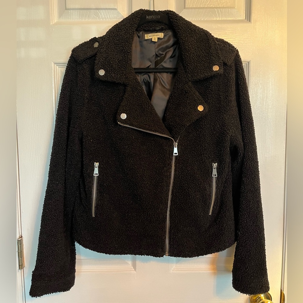 fuzzy black cropped moto jacket with zippers